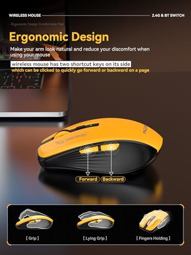 FMOUSE Wireless Mouse, Bluetooth & 2.4GHz Dual Mode, No Charging Needed (AA Battery), Silent Click, Side Shortcut Keys, 4-Level DPI, Compact for MacBook Laptop iPad PC – Yellow & Black - color: Yellow and Black