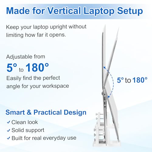 PATIKIL 2-in-1 Vertical Laptop Stand, 4 Pcs Adjustable ABS Notebook Holder Space-Saving Vertical Stand Notebook Dock with Non-Slip Rubber for Home Office Desktop Storage Keyboard, White - color: White