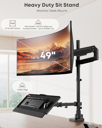 PUTORSEN Heavy-Duty Monitor Arm with Keyboard Tray, Sit-Stand Desk Mount for Up to 49" Screens, 32" Extended Reach Full-Motion Articulating Arm with Pneumatic Spring, C-Clamp & Grommet Mount (Black) - size: 49 Inch