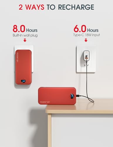 citicr Portable Charger 20000mAh PD20W w/Built-in Cables & Wall Plug Red | High capacity, Fast charging, Built-in wall plug, LED display, Charge 5 devices at once, Pass through charging, TSA approved - color: Red-20000mah