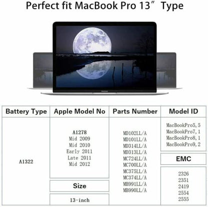 A1278 A1322 Battery Compatible with MacBook Pro 13" Unibody (Mid 2009 to Mid 2012) MacBook Pro 13" A1278 [Mid 2012 2010 2009 Early 2011 Late 2011] 661-5229 661-5557 020-6547-A 020-6765-A 10.95V/63.5WH - size: 8.33*3.42*0.55inch A1322