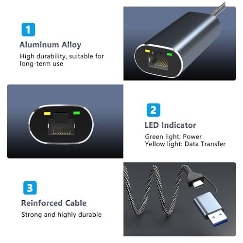 USB to Ethernet Adapter 2.5Gb, Dual-Connector 2 in 1 USBA&USBC to 2.5 Gigabit Ethernet Adapter for Laptop/iPhone16/17, Wired LAN Network Adapters, USB to RJ45 Computer Network Adapters