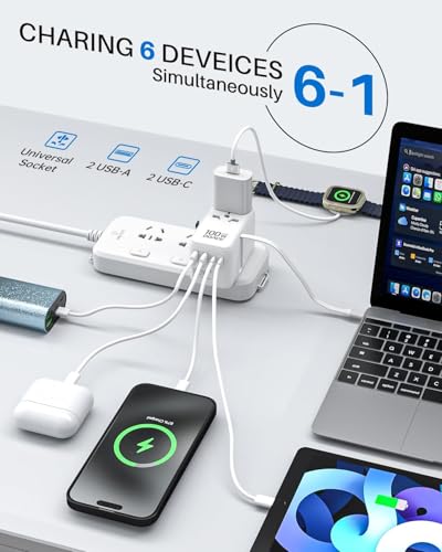 DOACE 100W GaN Universal Travel Adapter with USB-C Cable | 100W GaN Fast Charging, Built-in USB-C Cable, 6-in-1 Design, Works in Europe, UK, US & Australia, Compact Travel Essential - color: White
