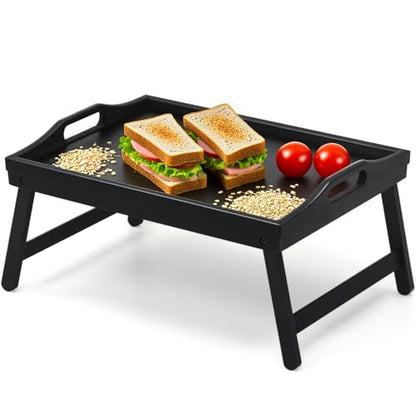 Bamboo Breakfast Tray Table with Folding Legs for Bed Table Sofa - Eating & Laptop Tray Bamboo with Folding Legs (Black) - color: Black