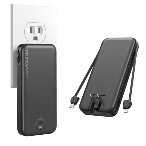 Nusyddy Portable Charger 10000mAh Fast Charging w/Built-in Wall Plug Black | PD20W Fast Charging, LED Indicator, Pass Through Charging, TSA Approved, Compact/Slim, Power Bank for iPhone/iPad/Samsung - color: Black