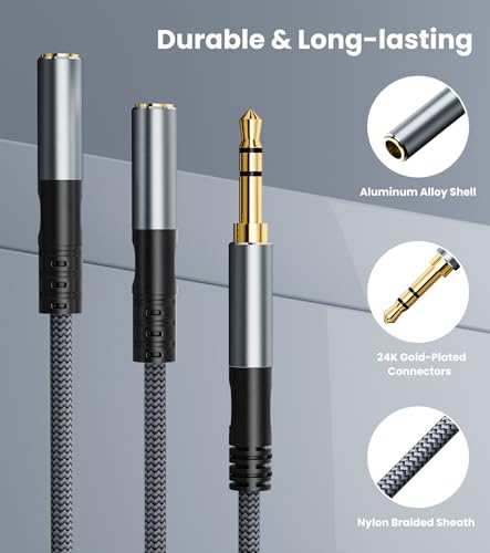 Headphone Splitter 3.3ft(1m), Audio Splitter 3.5mm 1 Male to 2 Female Adapter, Nylon-Braided 3.5mm Dual Headphone Jack Extension Cable for Headset, Smartphone, Tablet, Laptop - size: 1 meter