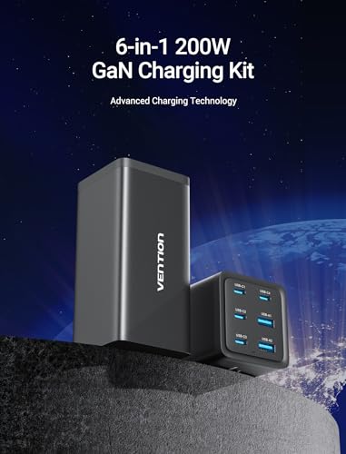 MacBook Pro Charger 200W, VENTION PD3.1 140W Fast USB C Charging Station, 6 Ports GaN Desktop Charger Compatible with MacBook Pro/Air M1 M2, iPhone 15 Pro Max/14, ipad Pro,Galaxy S23 Ultra,Steam Deck - size: 200W