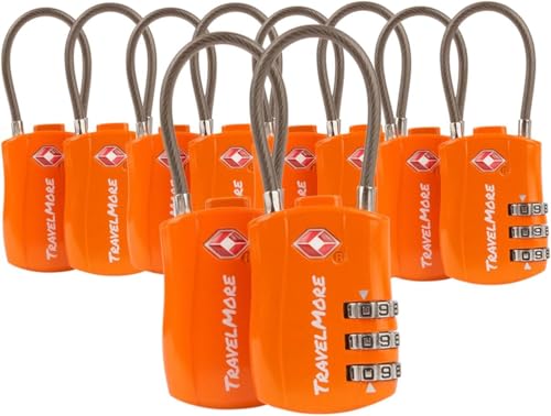TravelMore 10 Pack TSA Approved Travel Combination Cable Luggage Locks for Suitcases - Orange - color: Orange
