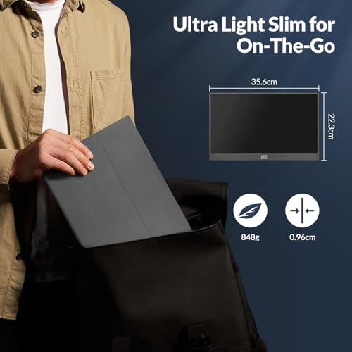LR Portable Monitor, 15.6 inch 1080P FHD Ultra-Slim Travel Monitor, USB-C HDMI External Second Screen for Laptop MacBook Surface PC Xbox PS4/5, VESA Mountable, Metal Frame, with Smart Cover
