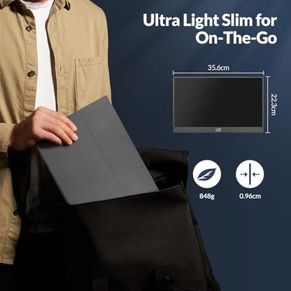 LR Portable Monitor, 15.6 inch 1080P FHD Ultra-Slim Travel Monitor, USB-C HDMI External Second Screen for Laptop MacBook Surface PC Xbox PS4/5, VESA Mountable, Metal Frame, with Smart Cover