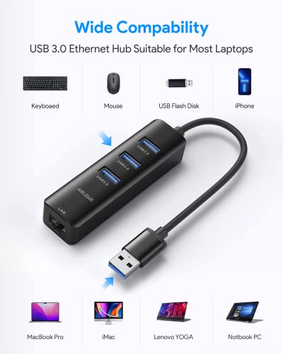 USB to Ethernet Adapter, ABLEWE 3 Ports USB 3.0 Hub with RJ45 1Gbps Gigabit Ethernet Adapter, for MacBook Air 2017, iMac, XPS, Surface Pro, Linux, Chromebook, Notebook and More - Black - color: Black
