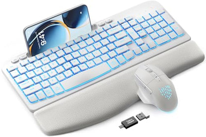 SABLUTE Wireless Keyboard and Mouse Combo - Ergonomic Wave Keyboard with Soft Leather Wrist Rest, Phone Holder, Rechargeable, RGB Backlit Mouse, Full-Size Set for Windows/Mac/Computer (White) - color: White