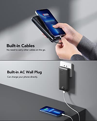 VRURC Portable Charger 20000mAh, Fast Charging Power Bank USB C,4 Output 2 Input Travel Essentials Charging Bank Equipped with LED Display,Built-in Wall Plug and Cables,Phone Charger Battery,Black - color: Black