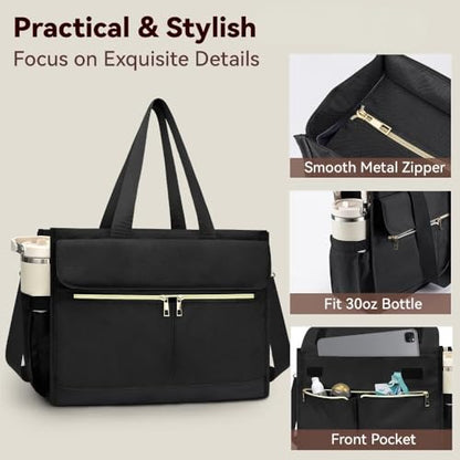 Laptop Bag for Women - 15.6 Inch Tote Work Bag with Compartments Nurse Teacher Bag Large Lightweight Office Handbag - color: Black