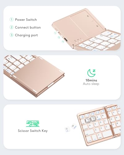 Samsers Foldable Bluetooth Keyboard with Touchpad, Ultra Slim Compact, Pink | Multi-touch Trackpad, Full Size, Phone Holder, USB-C Charging, 1 Device, for Android Windows iOS Mac OS, Mobile Productivity - color: Rose Gold, size: 1-Device