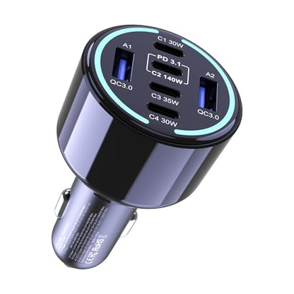 CHIPOFY 300W USB C Car Charger, 6 Ports (4 USB C + 2 USB A) | PD3.1 140W PPS 45W QC 60W Super Fast Charging for MacBook Laptop, iPhone 16 15 Pro Max, iPad, Galaxy S24/S23