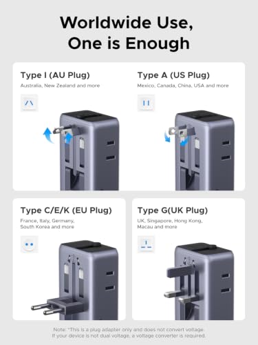 UGREEN 45W 6-Port Universal Travel Plug Adapter Worldwide | 2 USB-C, 2 USB-A, 2 AC, GaN International Power Adapter for 200+ Countries, Fasting Charging, Travel Essentials, Black