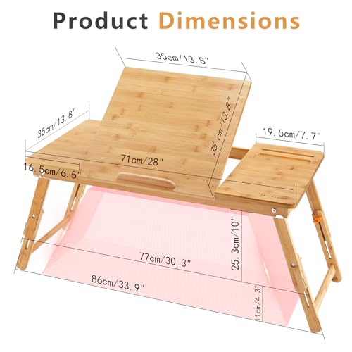 Laptop Desk Nnewvante Bamboo Lap Desk, Adjustable Bed Tray, Large Size | 7 Tilting Top Angles, 4 Heights, Drawer & Phone Slot, Foldable Serving Tray Breakfast Table 27.95" x 13.8" - color: Bamboo