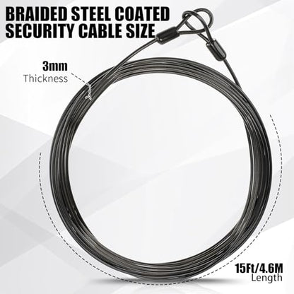 12 Pack Security Cable Luggage Lock with Loops 15 ft 3mm Braided Steel Coated Bike Cable Wire Double Loop Anti Theft Safety for U Lock, Padlock and Disc(Black) - color: Black, size: 15 Feet