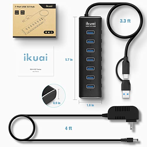 7-Port Powered USB 3.0 Hub with 2-in-1 Connector to Host | Aluminum USB Hub Splitter with AC Adapter LED On/Off Switches and 3.3ft Long Cable for Laptop, Mac, PC, Mobile HDD - size: 7-Port USB 3.0 Hub