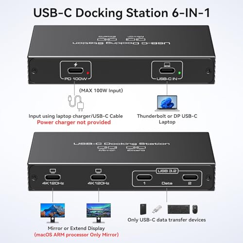 TJCXELE 4K120Hz USB C Splitter Dual Monitor Thunderbolt Docking Station 6-in-1 Dual USB C Monitor 100W PD, 10Gbps USBC Data Ports USBC Splitter 1 in 4 Out for Dell/HP/MacBook and Other Laptops