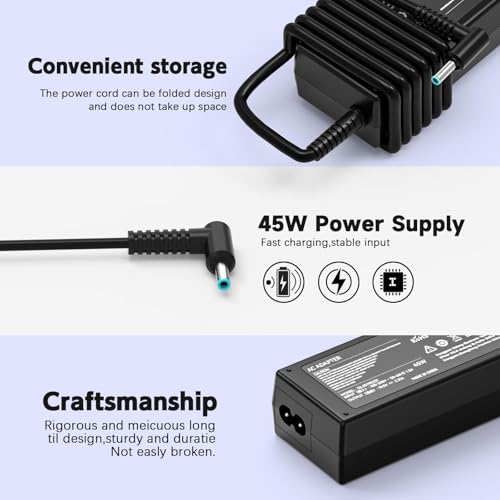 45W 19.5V Laptop Charger Compatible with HP Stream 11 13 14; Compatible with Pavilion x360 11 13 15; Probook Smart Blue Tip 4.5mm Power Supply Cord