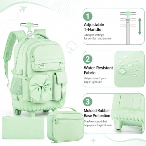 3Pcs Rolling Backpack for Girls Women, School Kids Roller Bookbag with Wheels, Wheeled Backpacks Set for Elementary (Green) - color: Bow Green