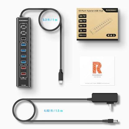 Rosonway 10-Port Powered USB 3.2/USB C Hub 60W with 3x10Gbps USB-3.2 Ports (2C + 1A), 4 USB 3.0 Data Ports, 1 USB-C PD and 2 USB-A Fast Charging Ports, Aluminum USB Splitter for Laptop/PC, RSH-A10QPD