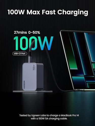 UGREEN Nexode Pro 100W GaN USB C Wall Charger, 3-Port Compact Fast PPS Charger for MacBook Pro/Air, Pixelbook, iPad, iPhone 17/16/15 Series, Galaxy S25/S24, Pixel 10/9, Steam Deck