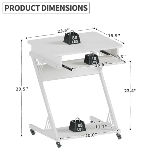 ALISENED Computer Desk for Small Spaces Compact Desk with Keyboard Tray | 23.6" Z-Shaped, with Wheels and Bottom Shelves, for Home Office, Computer Cart Mobile Laptop Cart, White - color: White
