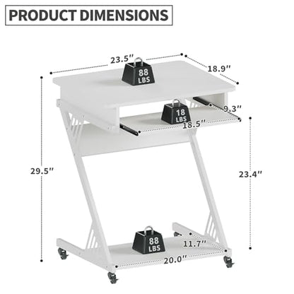 ALISENED Computer Desk for Small Spaces Compact Desk with Keyboard Tray | 23.6" Z-Shaped, with Wheels and Bottom Shelves, for Home Office, Computer Cart Mobile Laptop Cart, White - color: White