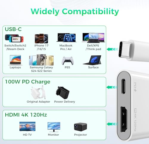 Portable Switch 2 Dock, 4K@120Hz USB C to HDMI Display Adapter with 100W PD Fast Charging, Travel TV Dongle Hub for iPhone 17/16/15, iPad, MacBook, Steam Deck, Switch 2 and USB-C Devices