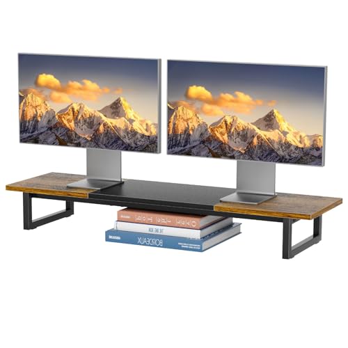 Simple Trending 38 Inch Dual Monitor Stand Riser, Wood and Steel Desk Organizer for 2 Monitors, Home Office, Rustic Brown - color: Rustic Brown and Black