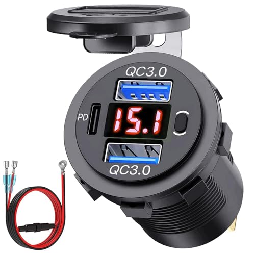 72W Dual USB Quick Charge 3.0 & PD USB C Car Charger Socket, 12V/24V USB Outlet with LED Voltmeter, Power Switch, 4X Faster Charging, Multi-Protection, Universal for Car, Boat, Truck & RV(red) - color: red