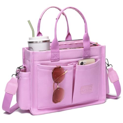 Canvas Tote Bag for Women,Women's Bags Crossbody Bags Work Laptop Tote Bag Large Handbags Purse for Travel Nurse Teacher - color: New Upgrade Plus Pink With Compartments and Inner Cup Holders