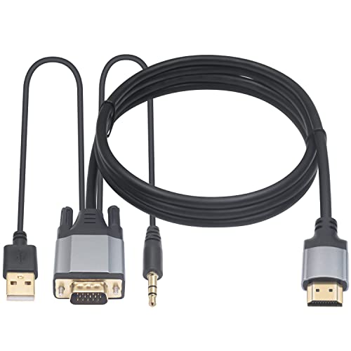 Duttek VGA to HDMI Adapter Cable 5FT/1.5M, Gold Plated 1080P Active VGA Male to HDMI Male Analog Video Adapter Cable with Power and Audio Output Converter Cable