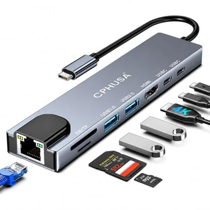 8-in-1 USB C Docking Station, Type C Hub with 4K HDMI Output, Ethernet RJ45, 100W Power Delivery, SD/TF Card Slots & High-Speed USB Ports for MacBook, Surface, iPad Pro & USB-C Laptops