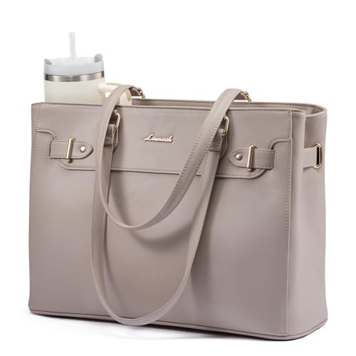 LOVEVOOK Laptop Tote Bag for Women Work, Teacher Tote Bag with Large Cup Holder, Waterproof Leather Computer Bag - color: Taupe, size: 15.6 inch
