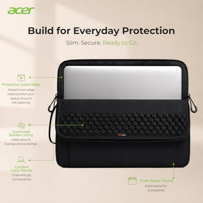 Acer Laptop Sleeve Case for 13.3-14 inch Laptops, Slim Protective Computer Sleeve with Hidden Zipper Pocket, Soft Plush Bubble Padding, Side Handle and Luggage Strap, Travel Laptop Bag, Black | Slim, Soft Bubble Padding, Extra Front Storage, Wrist Strap,