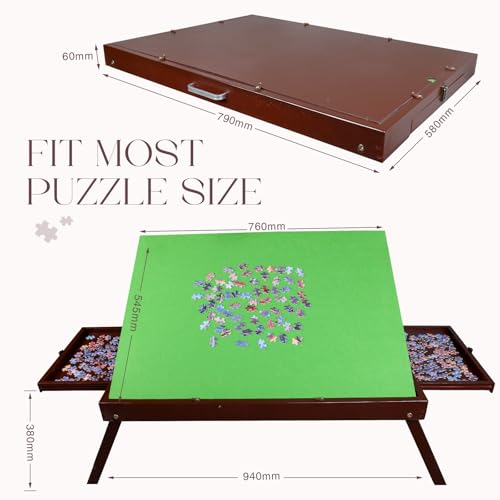 Solid Wood Puzzle Table with Tilt Adjustable Desktop, Portable Jigsaw Puzzle Board with Drawers, Non-Slip Felt Surface, Puzzle Table with Legs (Red-Brown) - color: Red-brown