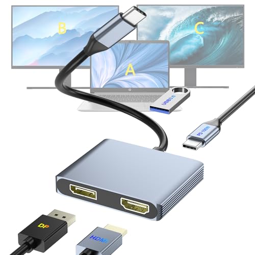 USB C to DisplayPort and HDMI Adapter 4-in-1 with 100W PD & USB 3.0 Support Splitter Extended Display for Type C Devices, MacOS Only Mirrors Same Screen(SST), Windows Extend Two Different Screen