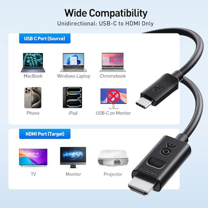 Cable Matters Unidirectional USB C to HDMI 2.1 Cable, 3ft, Black | 4K@240Hz / 8K@60Hz HDR, Max 4K@60Hz on macOS, Thunderbolt 5/4 and USB4 Compatible, for MacBook Pro/XPS/ThinkPad - size: 3 Feet