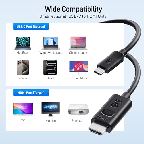 Cable Matters Unidirectional USB C to HDMI 2.1 Cable, 10ft, Black | 4K@240Hz / 8K@60Hz HDR, Max 4K@60Hz on macOS, Thunderbolt 5/4 and USB4 Compatible, for MacBook Pro/XPS/ThinkPad - size: 10 Feet