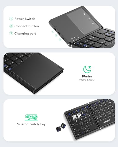 Samsers Foldable Bluetooth Keyboard with Touchpad, Ultra Slim Compact,Black | Multi-touch Trackpad, Full Size, Phone Holder, USB-C Charging, 1 Device, for Android Windows iOS Mac OS, Mobile Productivity - color: Black, size: 1-Device