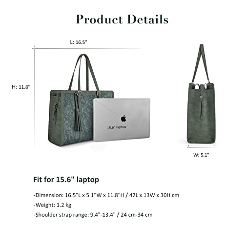 ECOSUSI Laptop Bag For Women 15.6 Inch Work Tote Bags PU Leather Computer Purse For Business Office With 3 Layer Compartments - color: Dark Green