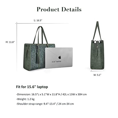 ECOSUSI Laptop Bag For Women 15.6 Inch Work Tote Bags PU Leather Computer Purse For Business Office With 3 Layer Compartments - color: Dark Green
