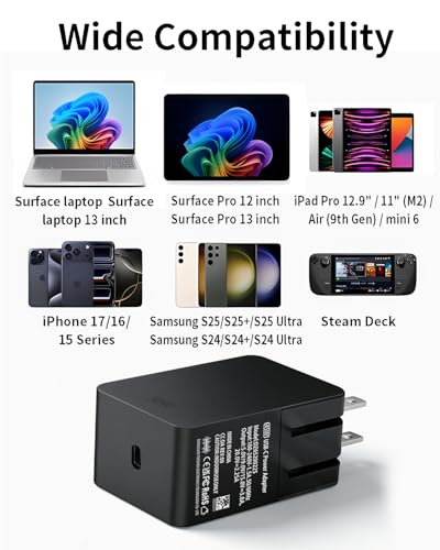 45W USB C Surface Charger Compatible with Microsoft Surface Pro 12" Copilot + PC, Surface Pro 13"，Surface Laptop 13" Snapdragon X Plus, Surface Go Power Adapter