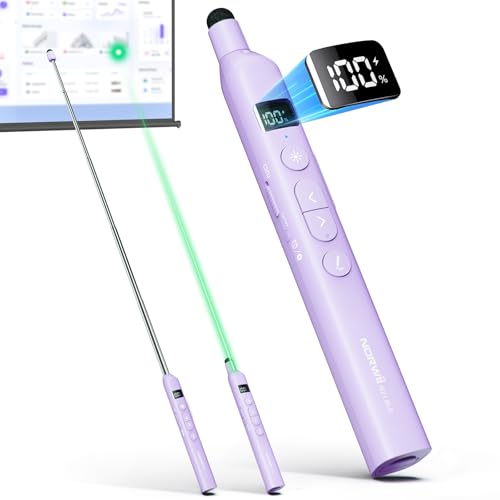 N21 Bluetooth Presentation Clicker for PowerPoint with Retractable Pointer | ①Green laser ②Telescopic touch pen ③Countdown timer, vibration alert ④Customizable Button ⑤Rechargeable;battery level display - color: Purple - Green Pointer