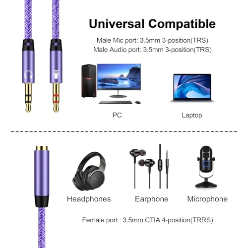 Headset and Microphone Splitter Cable for PC, Braided 3.5mm Female to 2 Dual 3.5mm Male Mic Audio Y Splitter Cable Cord Jack Headphones Audio Adapter Convertors for Smartphone Gaming Computer Laptops