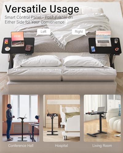 FiCiHi Electric Overbed Table, Adjustable Height Bedside Desk with Hidden Wheels, Rolling Sit-Stand Laptop Table for Bed, Couch, Sofa, Home Office & Hospital Use, (24" x 16", Black) - color: Black, size: 24 x 16"